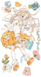 Rule 34 | 1girl, ahoge, angel wings, animal keychain, ankle cuffs, ankle socks, bag, bird, blonde hair, blue bag, blue bow, blue eyes, blue ribbon, blush stickers, book, bouquet, bow, bow legwear, bow skirt, center frills, chick, collared shirt, commentary, cross-laced clothes, cross-laced hairband, cross-laced skirt, english commentary, eyelashes, flower, food-themed hair ornament, fried egg, frilled hairband, frilled shirt collar, frilled skirt, frills, full body, goose, hair bow, hair ornament, hairband, handbag, highres, holding, holding bag, jacket, keychain, lace bow, lolita hairband, long hair, looking at viewer, mary janes, napkin, open clothes, open jacket, open mouth, orange footwear, original, pink flower, pink rose, postcard, putong xiao gou, ribbon, ribbon-trimmed collar, ribbon-trimmed hairband, ribbon trim, rose, sample watermark, shirt, shoes, skirt, smile, socks, solo, tulip, twitter username, v, watermark, white background, white bow, white flower, white hairband, white jacket, white shirt, white socks, white tulip, white wings, wings, yellow flower, yellow skirt, yellow tulip