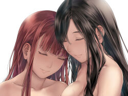 Rule 34 | 2girls, black hair, closed eyes, closed mouth, collarbone, commentary, heads together, highres, long hair, medium hair, multiple girls, nude, original, red hair, simple background, smile, takekawa shin, upper body, white background, yuri