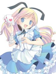 Rule 34 | 1girl, :d, ace (playing card), ace of hearts, alice (alice in wonderland), alice in wonderland, apron, bad id, bad twitter id, bandaged arm, bandages, black ribbon, blonde hair, blue dress, blue eyes, blush, breasts, card, dress, frilled dress, frilled shirt collar, frills, hair ribbon, heart, highres, holding, holding card, long hair, neck ribbon, open mouth, playing card, pleated dress, pop (electromagneticwave), puffy short sleeves, puffy sleeves, ribbon, short sleeves, simple background, small breasts, smile, solo, very long hair, white apron, white background