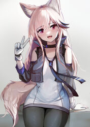 Rule 34 | 1girl, :d, animal ears, arknights, bare shoulders, black necktie, black pantyhose, black vest, blonde hair, blush, cardigan (arknights), collar, cowboy shot, cropped vest, detached sleeves, dog ears, dog girl, dog tail, dress, gloves, highres, krirk, long hair, long sleeves, looking at viewer, necktie, open clothes, open mouth, open vest, pantyhose, purple eyes, smile, solo, tail, v, very long hair, vest, white dress, white gloves