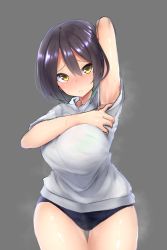 Rule 34 | 1girl, arm behind head, arm up, armpits, black hair, blue buruma, blush, bob cut, breasts, buruma, closed mouth, commentary request, cowboy shot, curvy, embarrassed, grey background, gym shirt, gym uniform, hair between eyes, highres, large breasts, legs together, looking at viewer, nose blush, original, parted bangs, raised eyebrows, shiny skin, shirt, short hair, short sleeves, simple background, sketch, solo, standing, steam, steaming body, straight hair, sweat, thigh gap, thighs, watari1118, white shirt, wide hips, yellow eyes