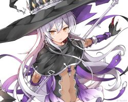 Rule 34 | 1girl, braid, covered erect nipples, elbow gloves, fingerless gloves, gauntlets, gloves, hair between eyes, hat, highres, hilda (stella glow), holding, holding scythe, large hat, leotard, long hair, open mouth, orange eyes, scythe, see-through, see-through leotard, side braid, slit pupils, solo, stella glow, upper body, very long hair, white hair, witch, witch hat, zyoto24