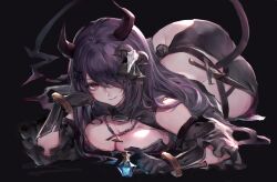 Rule 34 | 1girl, animal skull, bracelet, breasts, cleavage, cow skull, demon girl, demon horns, demon tail, gloves, hair ornament, hair over one eye, hand on own cheek, hand on own face, highres, horns, jewelry, large breasts, long hair, looking at viewer, lying, on stomach, original, purple hair, red eyes, skull hair ornament, smile, solo, tail, watao
