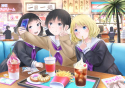 Rule 34 | 3girls, :d, :o, ahoge, black hair, black serafuku, black shirt, black skirt, blonde hair, blouse, blue eyes, blunt bangs, blush, brown shirt, camera phone, cellphone, cherry, chips (food), cover, cream, doughnut, drink, drinking straw, eating, food, french fries, fruit, grey eyes, holding, holding food, holding phone, ice, ice cream, ice cube, indoors, long sleeves, magazine (object), magazine cover, mall, multiple girls, neckerchief, open mouth, original, palm tree, parted lips, phone, photo (object), plant, pleated skirt, sailor collar, school uniform, scissors, selfie, serafuku, shirt, shop, short hair, side-by-side, skirt, sleeves past wrists, smartphone, smile, sticker, storefront, sundae, table, taka (tsmix), taking picture, tray, tree, upper body, v, v over eye