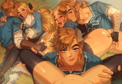Rule 34 | 1boy, 1girl, ass, blonde hair, blue eyes, blush, couple, cunnilingus, earrings, face in crotch, female pov, fingering, gloves, hetero, highres, jewelry, legs, link, long hair, looking at viewer, nintendo, nosugargummy, open mouth, oral, pointy ears, ponytail, pov, princess zelda, pussy, saliva, saliva trail, smile, the legend of zelda, the legend of zelda: breath of the wild, uncensored, view between legs