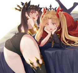 Rule 34 | 2girls, armlet, ass, bare shoulders, black hair, blonde hair, blush, bow, breasts, cape, crown, ereshkigal (fate), fate/grand order, fate (series), hair bow, hair ribbon, ishtar (fate), jewelry, kabocha (monkey4), long hair, looking at viewer, lying, medium breasts, multiple girls, on stomach, open mouth, parted bangs, red eyes, ribbon, siblings, single thighhigh, sisters, skull, smile, thighhighs, tiara, two side up, very long hair