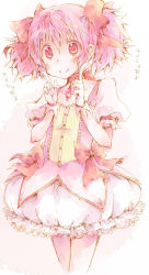 Rule 34 | 10s, 1girl, blush, bubble skirt, hair ribbon, kaname madoka, looking at viewer, magical girl, mahou shoujo madoka magica, mahou shoujo madoka magica (anime), nekokun, pink eyes, pink hair, pointing, pointing up, ribbon, short twintails, skirt, solo, soul gem, twintails, white background