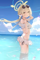 Rule 34 | 1girl, ass, bare legs, bare shoulders, bikini, blue archive, blush, cloud, cloudy sky, day, eyewear on head, frilled bikini, frills, hair between eyes, halo, hifumi (blue archive), hifumi (swimsuit) (blue archive), highres, light brown hair, long hair, low twintails, navel, ocean, official alternate costume, open mouth, outdoors, partially submerged, round eyewear, sky, solo, sunglasses, swimsuit, twintails, water, white bikini, yellow eyes, yellow halo, zhnyy3