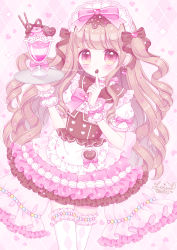 Rule 34 | 1girl, apron, argyle, argyle clothes, argyle legwear, argyle thighhighs, blush, bow, brown hair, commentary request, food on hand, frilled apron, frilled thighhighs, frills, heart, heart background, highres, himetsuki luna, holding, holding tray, long hair, looking at viewer, original, parfait, pink bow, pink eyes, pink skirt, plaid, plaid background, puffy short sleeves, puffy sleeves, ringlets, shirt, short sleeves, signature, skirt, solo, sparkle, thighhighs, tray, twitter username, two side up, very long hair, waist apron, white apron, white shirt, white thighhighs, wrist cuffs