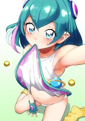 Rule 34 | 1girl, armpits, blue eyes, blue gloves, blue hair, blush, clothes lift, collarbone, dress, dress lift, fingerless gloves, from above, gloves, gradient background, green background, hagoromo lala, hairpods, hayashi keita, highres, kneeling, lifting own clothes, light blue hair, looking at viewer, mouth hold, multicolored hair, navel, panties, pink hair, pointy ears, precure, shiny skin, short hair, sitting, skirt hold, socks, solo, star (symbol), star in eye, star twinkle precure, streaked hair, symbol in eye, two-tone hair, underwear, wariza, white background, white dress, white panties, yellow footwear
