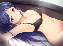 Rule 34 | 10s, 1girl, armpits, arms up, black bra, blue hair, bottomless, bra, breasts, commentary request, guranyto, hair down, long hair, looking at viewer, love live!, love live! sunshine!!, lying, matsuura kanan, medium breasts, navel, nipple slip, nipples, on back, out-of-frame censoring, purple eyes, smile, solo, underwear, underwear only