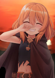 Rule 34 | 1girl, breasts, closed eyes, muimi (princess connect!), open mouth, orange hair, princess connect!, small breasts, smile, sunset, umarutsufuri
