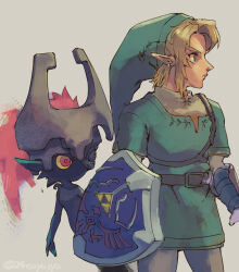 Rule 34 | 1boy, 1girl, black skin, blonde hair, colored sclera, colored skin, cowboy shot, demon girl, earrings, green headwear, green tunic, grey background, hat, helm, helmet, holding, holding shield, hylian shield, jewelry, link, looking to the side, midna, nintendo, one eye covered, orange hair, parted bangs, pointy ears, ponytail, red eyes, shield, short hair, shortstack, the legend of zelda, the legend of zelda: twilight princess, triforce, tsuyuga, yellow sclera