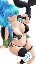 Rule 34 | 1girl, absurdres, bikini, black bikini, blue eyes, blue hair, blush, breasts, cetacean tail, cleavage, curvy, fins, fish tail, food, green hair, hair between eyes, highres, ice cream, jacket, large breasts, long hair, looking at viewer, multicolored hair, orca, orca girl, original, ponytail, popsicle, shiny skin, solo, swimsuit, tail, takie arts, thick thighs, thigh strap, thighs, tongue, two-tone hair, white background