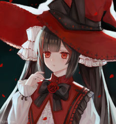 Rule 34 | 1girl, black hair, blunt bangs, frills, hat, highres, iceblue, long hair, original, red eyes, ribbon, solo, twintails, witch, witch hat