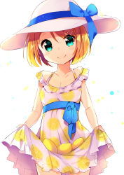 Rule 34 | 1girl, bare shoulders, blonde hair, blue bow, blue eyes, blue ribbon, blush, bow, breasts, cleavage, collarbone, cowboy shot, dress, food, food-themed clothes, food print, fruit, hair ornament, hairclip, hat, hat bow, head tilt, ikari (aor3507), kagamine rin, lemon, lemon print, looking at viewer, off-shoulder dress, off shoulder, polka dot, polka dot dress, ribbon, short hair, simple background, skirt basket, skirt hold, small breasts, smile, solo, sun hat, sundress, tareme, vocaloid, white background, white hat