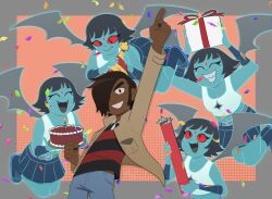 Rule 34 | 1boy, 4girls, :d, arm up, birthday, birthday cake, black nails, blue hair, blue skin, box, brown hair, cake, candle, closed eyes, colored sclera, colored skin, confetti, cowboy shot, dark-skinned male, dark skin, demon girl, demon hipster chicks, demon wings, fang, fang out, fangs, flying, food, full body, gift, gift box, hair over one eye, happy birthday, hat, highres, holding, holding cake, holding food, long sideburns, looking at another, looking at viewer, matthew patel, multiple girls, open mouth, party hat, red sclera, scott pilgrim (series), scott pilgrim takes off, sharp teeth, short hair, sideburns, skycaelo, smile, teeth, wings