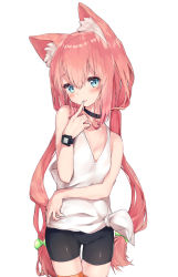 Rule 34 | 1girl, animal ear fluff, animal ears, bare shoulders, bike shorts, black choker, black shorts, blue eyes, blush, breasts, cat ears, choker, cleavage, commentary request, finger to mouth, hair bobbles, hair ornament, highres, hinata channel, long hair, looking at viewer, low twintails, naughty face, nekomiya hinata, orange thighhighs, paryi, pink hair, shirt, shorts, simple background, sleeveless, small breasts, solo, tank top, thigh gap, thighhighs, twintails, very long hair, virtual youtuber, white background, white shirt