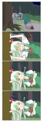 Rule 34 | 1girl, 4koma, bored, bow, caved, clenched teeth, comic, crossed arms, ex-keine, female focus, green hair, highres, horn ornament, horn ribbon, horns, jewelry, jitome, kamishirasawa keine, long hair, multicolored hair, no eyes, red eyes, ribbon, rokugatsu t, rokusa, sad, scroll, shaded face, sigh, solo, stuck, tail, tears, teeth, touhou, translated, tree, two-tone hair, white hair