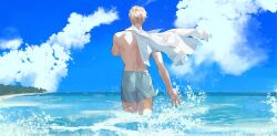 Rule 34 | 1boy, absurdres, back, bare arms, bare shoulders, beach, bergkonia, blonde hair, blue sky, cloud, cloudy sky, commentary, english commentary, from behind, grey pants, highres, holding, holding clothes, holding shirt, horizon, jujutsu kaisen, mature male, muscular, muscular male, nanami kento, ocean, outdoors, pants, shallow water, shirt, sky, solo, topless male, undercut, unworn shirt, wading, water