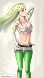 Rule 34 | 1girl, absurdres, arm over head, bleach, bleach: sennen kessen-hen, blue eyes, breasts, candice catnipp, cleavage, detached sleeves, green hair, green socks, green thighhighs, heart, highres, large breasts, long hair, looking to the side, midriff, military, military uniform, navel, nellyslewds, pantyhose, shorts, simple background, socks, solo, thighhighs, uniform, white shorts