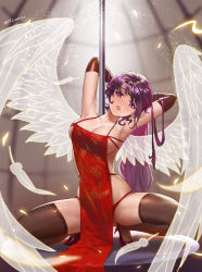 Rule 34 | 1girl, arms behind head, bare shoulders, blurry, blurry background, breasts, brown gloves, brown thighhighs, chinese clothes, dated, elbow gloves, feathered wings, feathers, full body, gloves, glowing, hair flowing over, head tilt, high heels, highres, light particles, lipstick, long hair, makeup, original, panties, parted lips, pole, pole dancing, purple eyes, purple hair, red footwear, red lips, red panties, revealing clothes, sakura (ajrhine), shiny skin, sideboob, skindentation, solo, squatting, stiletto heels, strap, stripper pole, thighhighs, transparent wings, underwear, wings
