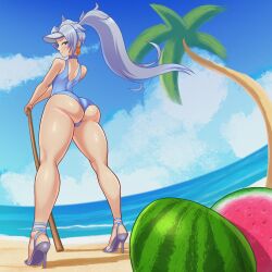 Rule 34 | 1girl, a (xenoblade), absurdres, alternate costume, ass, bare shoulders, blue eyes, blush, cameltoe, earrings, food, from behind, from below, fruit, grey hair, hat, high heels, highres, huge ass, jewelry, long hair, looking at viewer, looking back, one-piece swimsuit, ponytail, sleepiitreat, smile, solo, swimsuit, thick thighs, thighs, very long hair, watermelon, xenoblade chronicles (series), xenoblade chronicles 3, xenoblade chronicles 3: future redeemed
