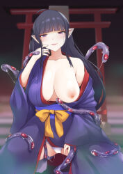 Rule 34 | 1girl, absurdres, black hair, breasts, breasts out, commission, consensual tentacles, highres, japanese clothes, kimono, large breasts, long hair, long sleeves, looking at viewer, monster, nipples, nukkoru, obi, open clothes, original, panties, pixiv commission, pointy ears, purple eyes, purple kimono, sash, solo, spread legs, squatting, tentacles, tentacles under clothes, underwear, white panties, wide sleeves, yukata