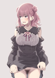 Rule 34 | 1girl, black skirt, black sleeves, blush, center frills, clothes lift, collarbone, detached sleeves, double bun, ese shinshi, female pubic hair, frilled shirt, frills, grey background, groin, hair bun, high-waist skirt, lifted by self, long sleeves, looking to the side, medium hair, open mouth, original, pubic hair, purple eyes, shirt, sidelocks, skirt, skirt lift, solo, upper body, wavy mouth, white shirt
