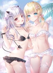 Rule 34 | 2girls, :d, :o, ass, bare shoulders, bikini, black bikini, black choker, blonde hair, blue eyes, blue nails, blue sky, bow, breasts, choker, cleavage, cloud, collarbone, commentary request, day, demon girl, demon horns, demon tail, feathered wings, frilled bikini, frills, gluteal fold, grey hair, hair bow, hair over one eye, hand up, highres, horns, kohinata hoshimi, long hair, looking at viewer, low twintails, medium breasts, mini wings, multiple girls, nail polish, navel, open mouth, original, outdoors, parted lips, pink bow, purple bow, red eyes, skindentation, sky, smile, swimsuit, tail, thigh gap, thigh strap, twintails, twisted torso, two side up, white bikini, white wings, wings