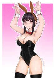 Rule 34 | 1girl, absurdres, alternate costume, animal ears, armpits, arms up, black hair, black leotard, black thighhighs, blush, border, bow, bowtie, breasts, cleavage, closed mouth, commentary, cowboy shot, detached collar, earrings, embarrassed, english commentary, fake animal ears, gradient background, highleg, highleg leotard, highres, jewelry, large breasts, leotard, looking at viewer, pink background, playboy bunny, red bow, red bowtie, red eyes, shiny skin, short hair with long locks, sidelocks, skindentation, sleeve cuffs, solo, spy x family, swept bangs, thighhighs, thighs, triomegis, twitter username, white background, white border, yor briar