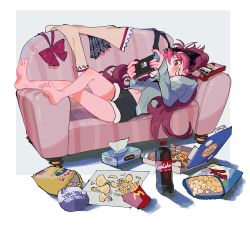 Rule 34 | 1girl, blush, bottle, bow, bowtie, unworn bowtie, chips (food), coca-cola, commentary, couch, domino&#039;s pizza, food, french fries, highres, hood, hoodie, jacket, jewelry, long hair, lying, mahou shoujo madoka magica, mahou shoujo madoka magica (anime), mahou shoujo madoka magica movie 1 &amp; 2, mcdonald&#039;s, messy hair, mitakihara school uniform, navel, nintendo switch, pizza, playing games, pocky, ponytail, popcorn, potato chips, red eyes, red hair, ring, sakura kyoko, school uniform, shadow, shorts, simple background, solo, symbol-only commentary, tissue box, tsurime, yooki (winter cakes)