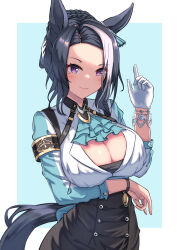 Rule 34 | 1girl, animal ears, aqua ascot, ascot, black hair, blue background, blush, braid, breasts, cleavage, cleavage cutout, closed mouth, clothing cutout, commentary request, gloves, highres, horse ears, horse girl, horse tail, index finger raised, large breasts, mejiro ramonu (umamusume), mole, mole under eye, multicolored hair, purple eyes, smile, solo, streaked hair, tail, two-tone background, umamusume, white background, white gloves, white hair, yuutopia