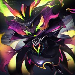 Rule 34 | 1girl, black robe, cape, empyrean vex, english text, facing viewer, gem, glowing, horns, league of legends, long sleeves, mask, robe, solo, vex (league of legends), watermark, yodeulsong (yordlethd), yordle