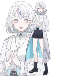 Rule 34 | 1boy, black footwear, black shorts, boots, character request, coat, cross-laced footwear, grey eyes, grey hair, hair between eyes, highres, indie virtual youtuber, kuleha s, lace-up boots, looking at viewer, male focus, own hands together, shirt, shorts, simple background, smile, tagme, virtual youtuber, white background, white coat, white hair, white shirt