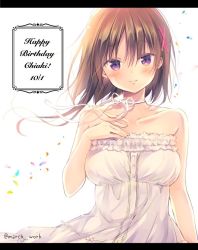 Rule 34 | 1girl, bare shoulders, blush, brown hair, dress, hagino chiaki, hair ornament, hand on own chest, happy birthday, hinako note, looking at viewer, march-bunny, neck ribbon, purple eyes, ribbon, short hair with long locks, smile, solo, white dress
