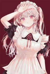 Rule 34 | 1girl, :o, apron, black dress, blush, collarbone, collared dress, commentary request, dress, eyebrows hidden by hair, frilled apron, frills, highres, long hair, looking at viewer, maid, maid apron, maid headdress, neck ribbon, original, parted lips, pink hair, puffy short sleeves, puffy sleeves, red background, red eyes, red ribbon, ribbon, sha2mo, short sleeves, signature, simple background, solo, two side up, very long hair, white apron