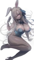 Rule 34 | 1girl, absurdres, animal ears, asuna (blue archive), blonde hair, blue archive, gloves, highres, leotard, looking at viewer, open mouth, playboy bunny, rabbit ears, ribbon, smile, solo, white background, white gloves, zerocat