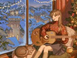 Rule 34 | 1girl, 2022, black skirt, brown eyes, brown hair, building, cat, christmas lights, christmas ornaments, christmas sweater, christmas tree, clock, clock tower, commentary, cross, cup, earrings, ema3, feet out of frame, guitar, highres, holding, holding guitar, holding instrument, indoors, instrument, jewelry, kneehighs, long hair, long sleeves, looking afar, looking to the side, merry christmas, mug, open mouth, original, pillow, red curtains, red sweater, sitting, skirt, smile, snowing, socks, solo, sticker, stud earrings, sweater, teeth, tower, turtleneck, turtleneck sweater, upper teeth only, window, yellow socks
