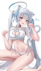 Rule 34 | 1girl, absurdres, animal ears, blue archive, breasts, cat ears, cleavage, cleavage cutout, clothing cutout, highres, medium breasts, noa (blue archive), open mouth, purple eyes, ri yonn, simple background, smile, solo, twintails, white hair