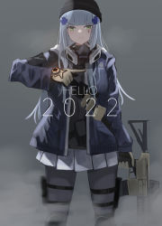 Rule 34 | 1girl, 2022, absurdres, agent 416 (girls&#039; frontline), agent 416 (shield of manhattan) (girls&#039; frontline), assault rifle, black headwear, black pantyhose, blue hair, blue jacket, brown gloves, closed mouth, feet out of frame, girls&#039; frontline, gloves, green eyes, gun, h&amp;k hk416, hair ornament, hairclip, highres, hk416 (girls&#039; frontline), holding, holding gun, holding weapon, jacket, long hair, looking at viewer, mask, mask around neck, official alternate costume, pantyhose, rifle, skirt, solo, standing, teardrop facial mark, teardrop tattoo, ubah, weapon, white skirt