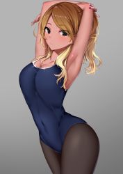 Rule 34 | 1girl, armpits, arms behind head, arms up, bare shoulders, black eyes, black pantyhose, blonde hair, blue one-piece swimsuit, blush, breasts, brown hair, cleavage, competition school swimsuit, dark-skinned female, dark skin, gradient hair, grey background, highres, idolmaster, idolmaster shiny colors, izumi mei, large breasts, long hair, looking at viewer, multicolored hair, one-piece swimsuit, pantyhose, pantyhose under swimsuit, school swimsuit, solo, swimsuit, thighs, yigra don