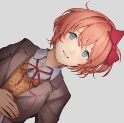 Rule 34 | 1girl, :d, blue eyes, bow, commentary, doki doki literature club, grey background, grey jacket, hair between eyes, hair bow, hand on own stomach, jacket, kouzuki kei, looking at viewer, lying, on back, open clothes, open jacket, open mouth, pink hair, red bow, sayori (doki doki literature club), school uniform, short hair, simple background, smile, solo, teeth, upper teeth only, wing collar