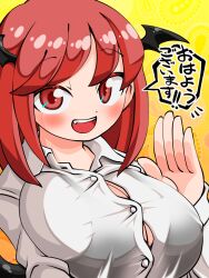 Rule 34 | 1girl, breasts, bursting breasts, button gap, huge breasts, imijikumo36, koakuma, large breasts, oppai loli, red eyes, red hair, solo, straining buttons, touhou