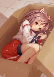 Rule 34 | 10s, 1girl, absurdres, blush, box, brown eyes, brown hair, cardboard box, cherry blossoms, hachimaki, headband, higejii, highres, in box, in container, japanese clothes, kantai collection, long hair, open mouth, petals, ponytail, solo, zuihou (kancolle)