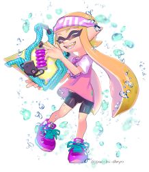 Rule 34 | 1girl, air bubble, basketball uniform, bike shorts, black shorts, blunt bangs, bubble, closed eyes, fangs, full body, headband, highres, holding, holding weapon, inkling, inkling girl, inkling player character, long hair, nintendo, open mouth, orange hair, pointy ears, puchiman, purple footwear, shirt, shoes, shorts, slosher (splatoon), smile, sneakers, solo, splatoon (series), splatoon 1, sportswear, standing, tentacle hair, twitter username, weapon, white background