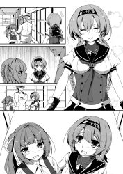 Rule 34 | 10s, 1boy, 2girls, ^^^, admiral (kancolle), braid, breasts, closed mouth, comic, commentary, crying, closed eyes, grabbing, grabbing from behind, greyscale, hair between eyes, hair ribbon, hairband, hand on another&#039;s face, highres, indoors, kantai collection, kasumi (kancolle), looking at another, looking at viewer, medium breasts, medium hair, military, military uniform, monochrome, multiple girls, open mouth, remodel (kantai collection), ribbon, sailor collar, school uniform, serafuku, sheita, side ponytail, small breasts, smile, tears, teruzuki (kancolle), twin braids, uniform