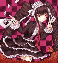 Rule 34 | 1girl, asle, bell, bell earrings, black hair, black nails, blush, card, celestia ludenberg, claw ring, closed mouth, danganronpa: trigger happy havoc, danganronpa (series), drill hair, earrings, flower, gothic lolita, holding, holding card, jewelry, lolita fashion, long hair, looking at viewer, nail polish, necktie, playing card, red eyes, red flower, red necktie, red rose, rose, smile, solo, twin drills