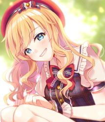 Rule 34 | 1girl, blonde hair, blue bow, blue dress, blue eyes, blurry, blurry background, blush, bow, breasts, collarbone, commentary request, day, dress, grin, idolmaster, idolmaster cinderella girls, idolmaster cinderella girls starlight stage, konase (non stop!), long hair, looking at viewer, ohtsuki yui, open mouth, outdoors, red bow, red headwear, short sleeves, smile, solo, wrist cuffs