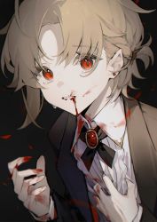Rule 34 | 1boy, black background, blonde hair, blood, blood on clothes, blood on face, fangs, heridy, highres, looking at viewer, male focus, mole, mole under eye, open mouth, original, red eyes, shirt, solo, solo focus, tears, teeth, vampire, white shirt